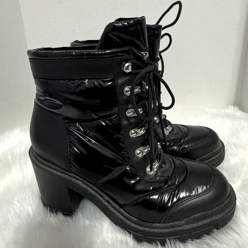Marc Fisher Mlvaina Combat Puffer Black Lace Up Block Heel Boot Goth Punk Grunge